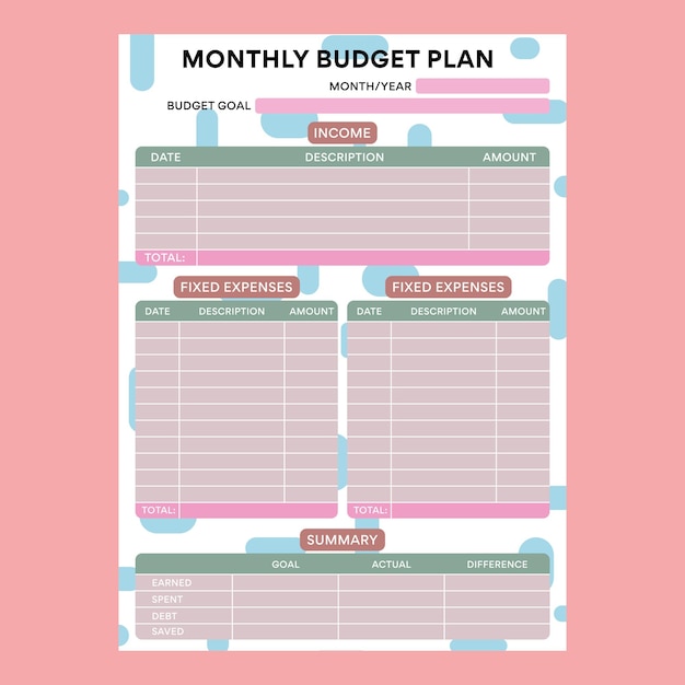 Monthly budget planner with abstract background from blue horizontal and vertical figures