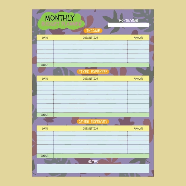 Monthly budget planner with abstract background from leaves and flowers