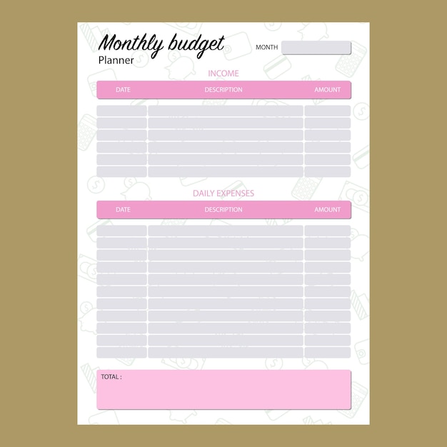 monthly budget planner with green pattern in vector