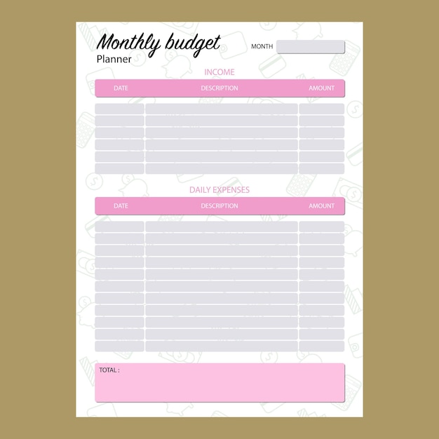 Monthly budget planner with green pattern in vector