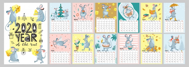 Monthly calendar 2020 template with illustrations of funny mouse.