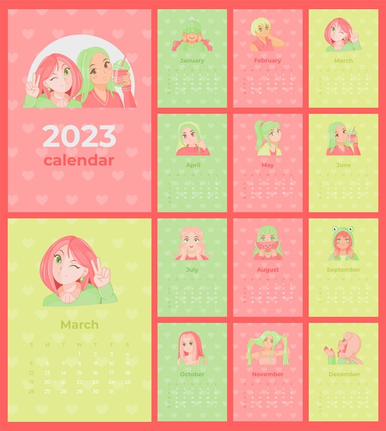 Premium Vector  Cute anime calendar 2023