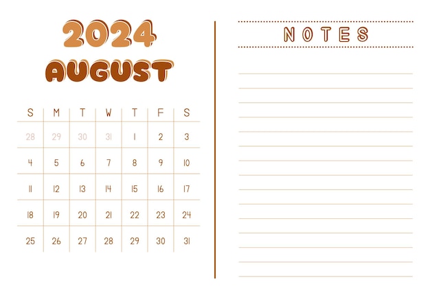 Vector monthly calendar august 2024