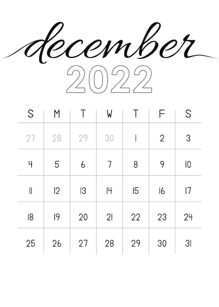 Vector monthly calendar december 2022