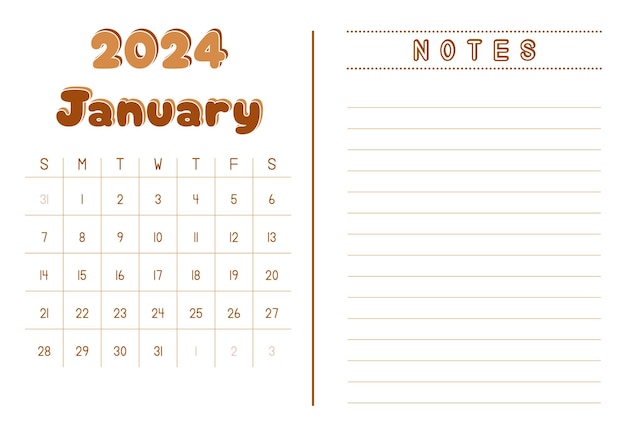 Vector monthly calendar january 2024