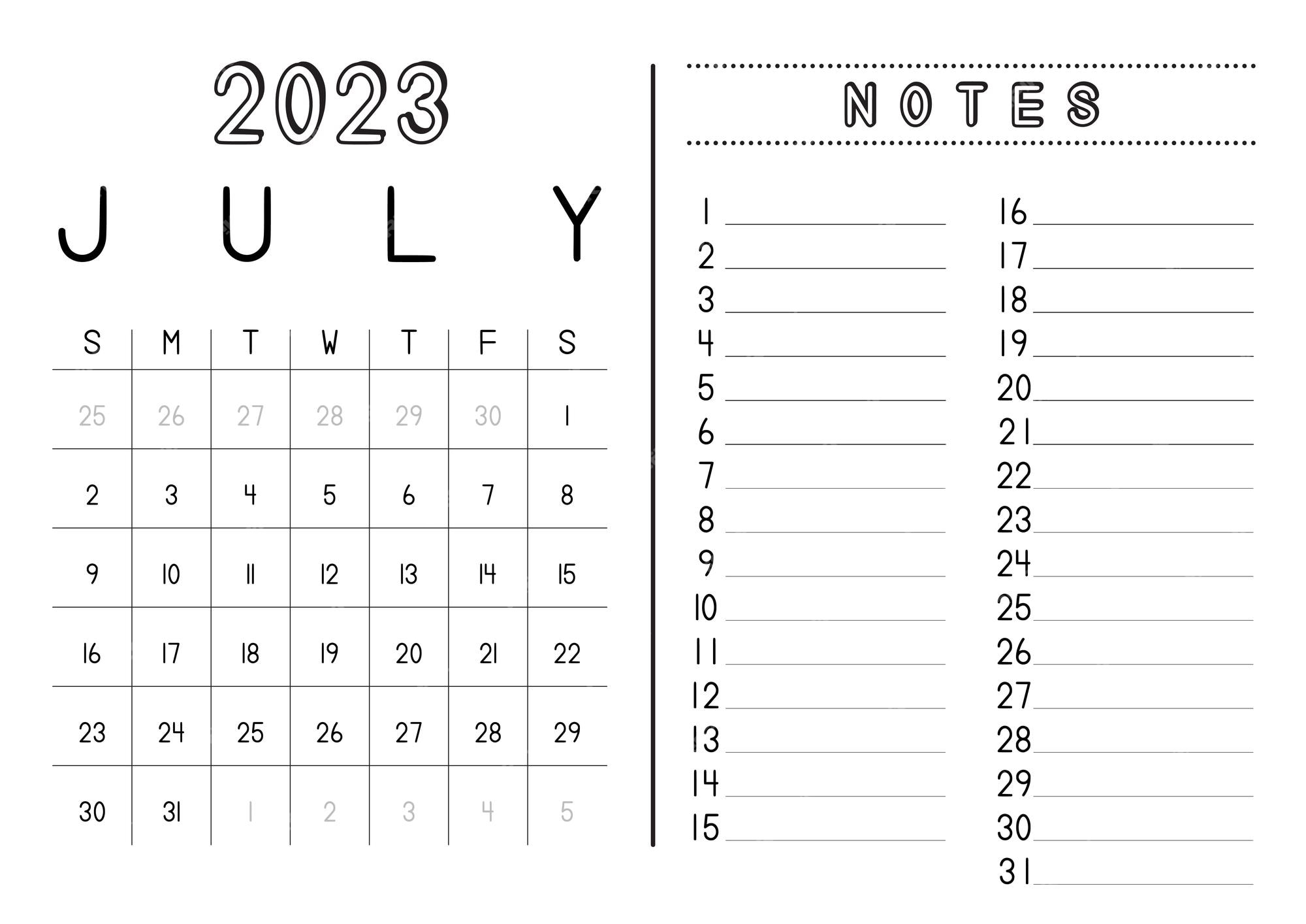 Premium Vector | Monthly Calendar July 2023