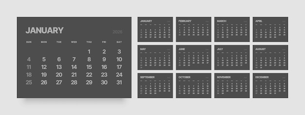 2026 년 월간 달력 레이아웃 벽 또는 책상 달력 어두운 색상 2026 주 일요일에 시작됩니다.