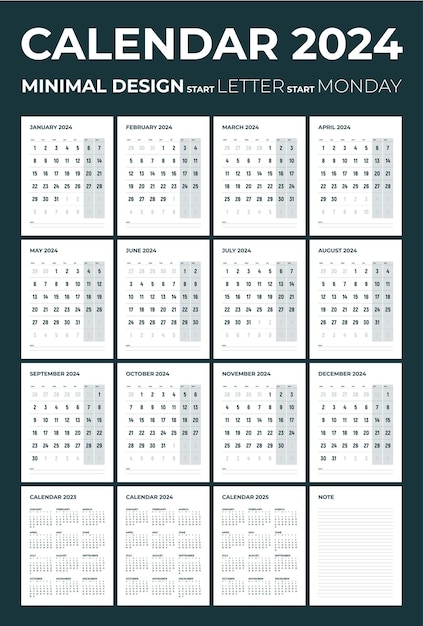 Vector monthly calendar and note for 2023 2024 2025 2026 the week starts on monday letter size