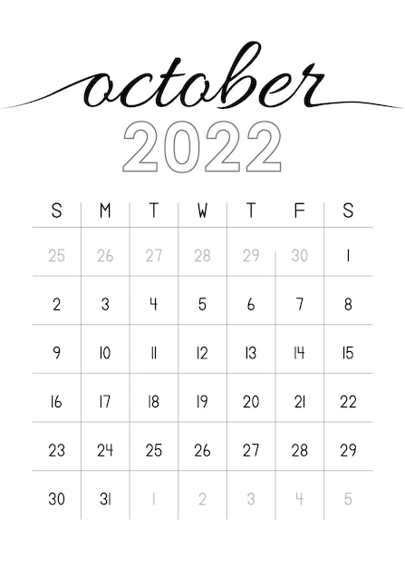Vector monthly calendar october 2022