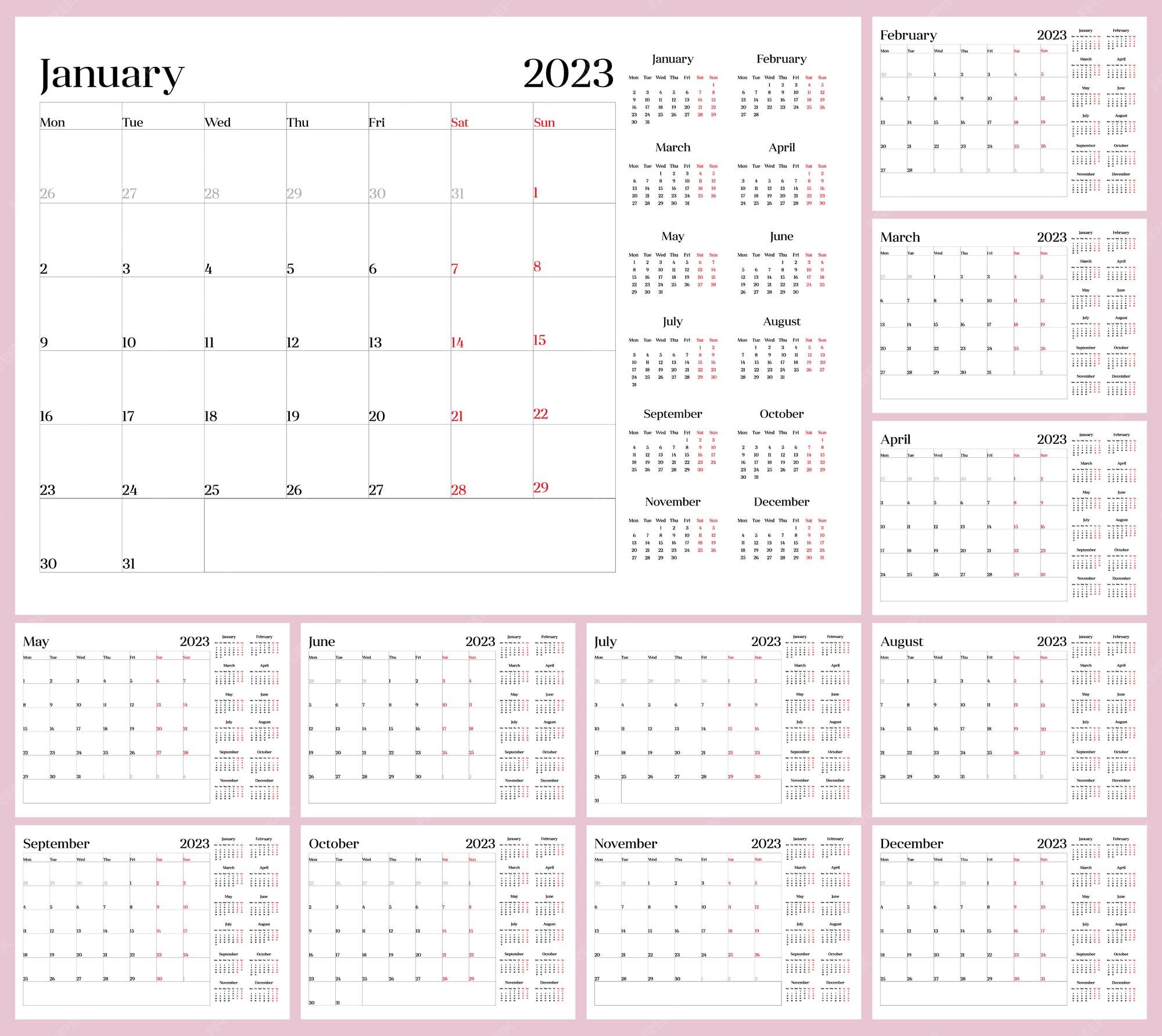 Premium Vector Monthly calendar template for 2023 year. Week Starts