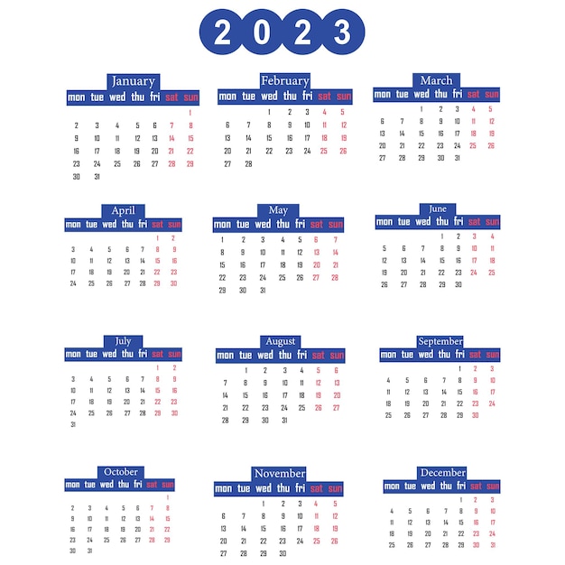 Modello di calendario mensile per l'anno 2023.