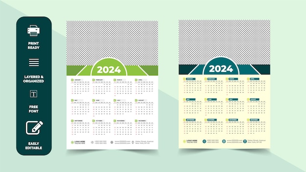 Modello di calendario mensile per l'anno 2024 calendario a parete in stile minimalista settimana inizia la domenica