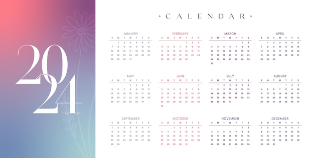 Modello di calendario mensile per l'anno 2024 calendario a parete in stile minimalista settimana inizia la domenica