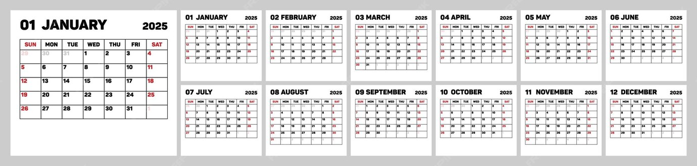 Premium Vector | Monthly calendar template for 2025 year Week Starts on ...
