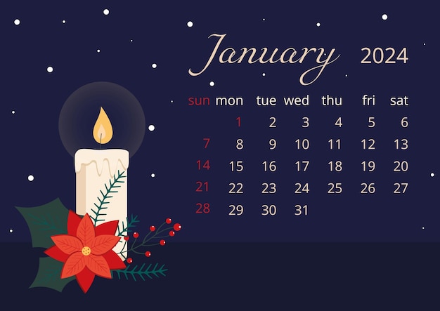 Vector monthly calendar template january 2024 planer vector illustration design christmas flower