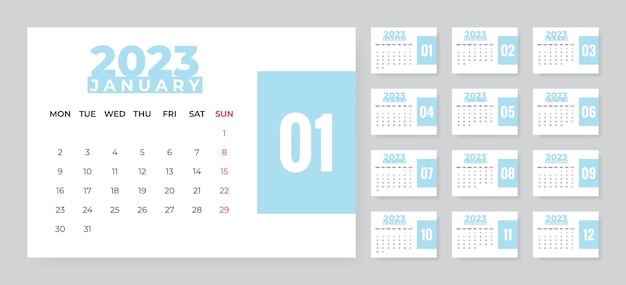 Monthly desk calendar template for 2023 year Week starts on Monday