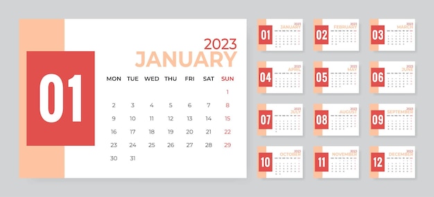 Monthly desk calendar template for 2023 year Week starts on Monday