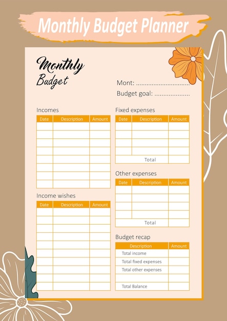 Vector monthly income and expense budget planner template