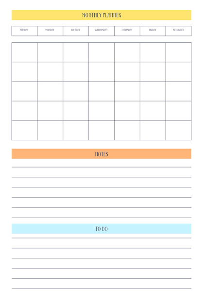 Modello di diario mensile per pianificatore personale in stile classico rigoroso con elementi multicolori calendario mensile pianificazione individuale minimalismo design sobrio per notebook aziendale la settimana inizia di domenica