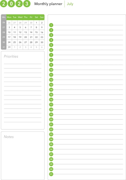 Vector monthly planner july