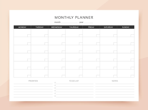 Monthly planner Simple timetable template Vector illustration