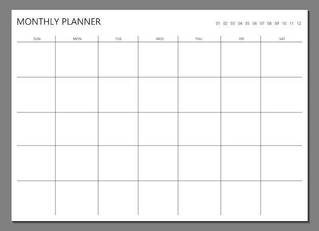 Monthly planner template blank notebook page isolated on grey business organizer page paper sheet