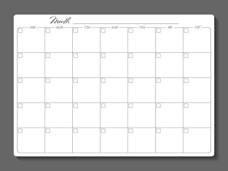 Vector monthly planner template. blank notebook page isolated on grey. paper sheet.