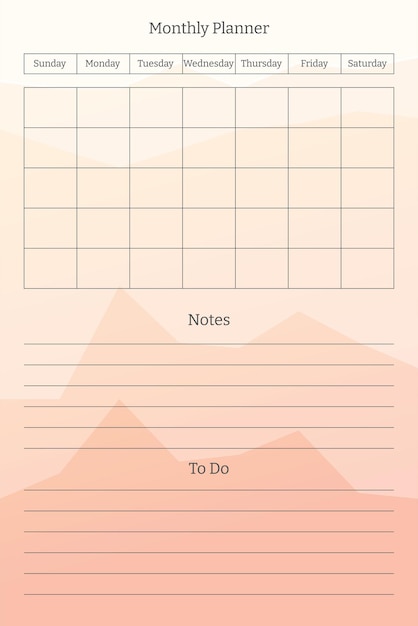 Monthly planner template to do tasks list and notes with column and row lining Design for diary notebook notepad on multicolored sheets with abstract bright background of gradient peaks of mountains