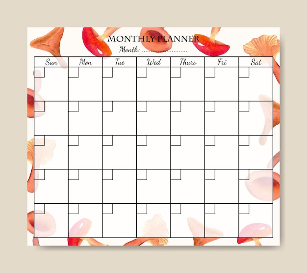 Vector monthly planner template with hand painted watercolor mushrooms background