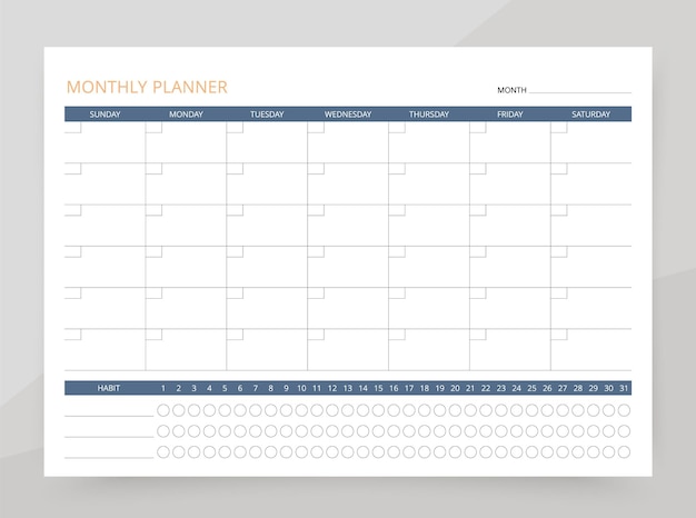 Vector monthly planner timetable for month with habit tracker week starts sunday homework organizer template