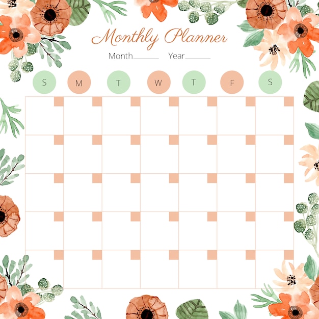 Monthly planner with decoration floral watercolor