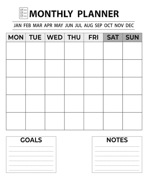Ежемесячный планировщик с целями и заметками с чистым взглядом