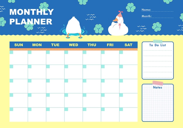 Monthly planner with goose and clouds in flat cartoon style_Schedule template for printing