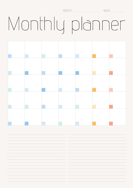 Ежемесячный планировщик с местом для заметок на все дни месяца пропорция листа формата а4 мягкие цвета