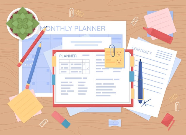 Monthly planning flat color vector illustration. Open diary. Calendar sheet. writing in textbook. Organization and strategy. Top view 2D cartoon illustration with desktop on background collection