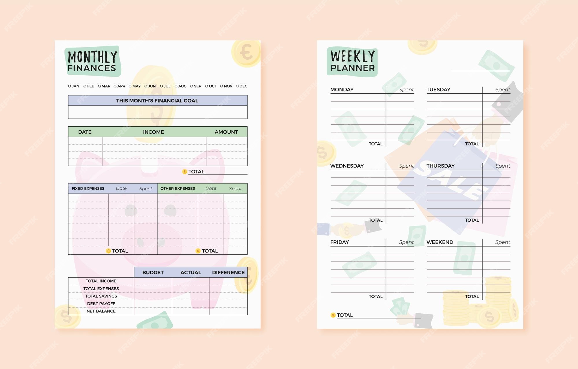 Premium Vector Monthly and weekly budget planner. Cute finance Premium Vector Monthly and weekly budget planner. Cute finance