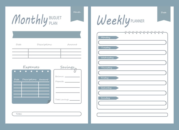 Monthly and weekly budget planners White and emerald colors Print vector