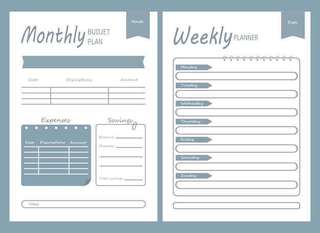 Monthly and weekly budget planners white and emerald colors print vector