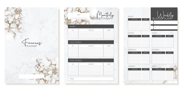 Vector monthly and weekly finance planner template with luxurious marble stone texture with glitter vector