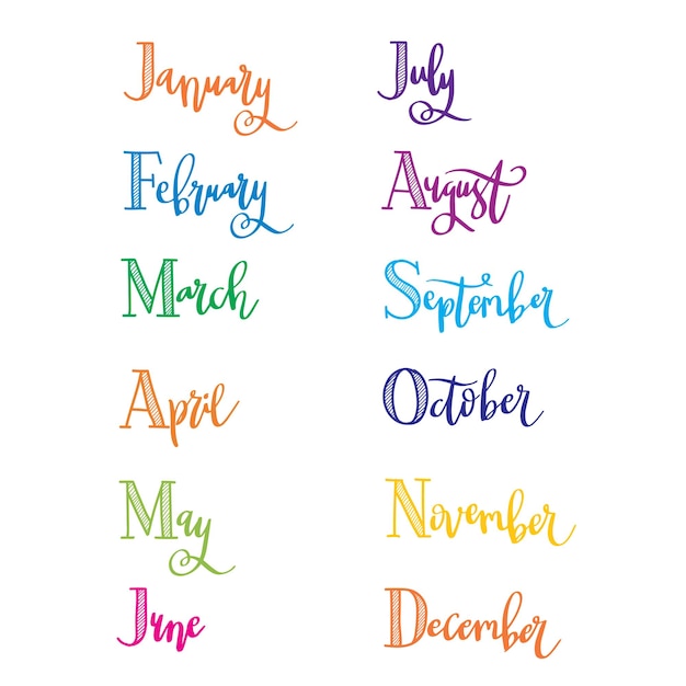 Vector months name lettering words vector doodle illustration