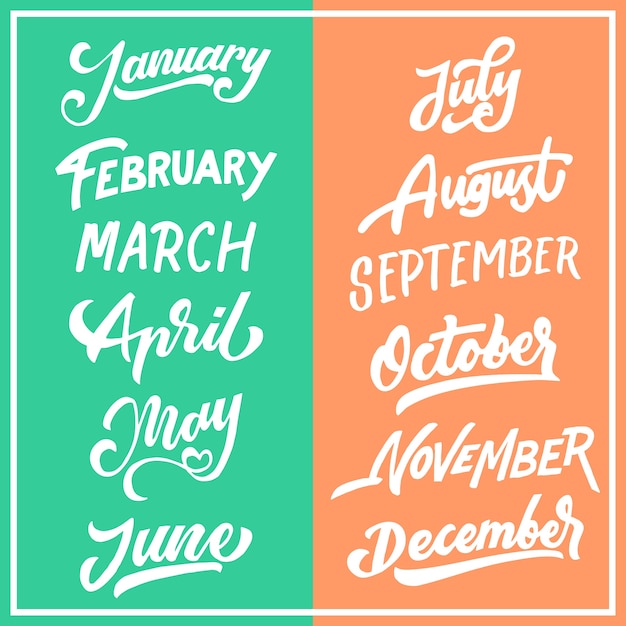 Vector months of the year hand drawn lettering typography