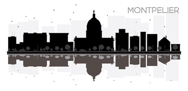 Vector montpelier city skyline black and white silhouette with reflections. vector illustration. simple flat concept for tourism presentation, banner, placard or web site. cityscape with landmarks.