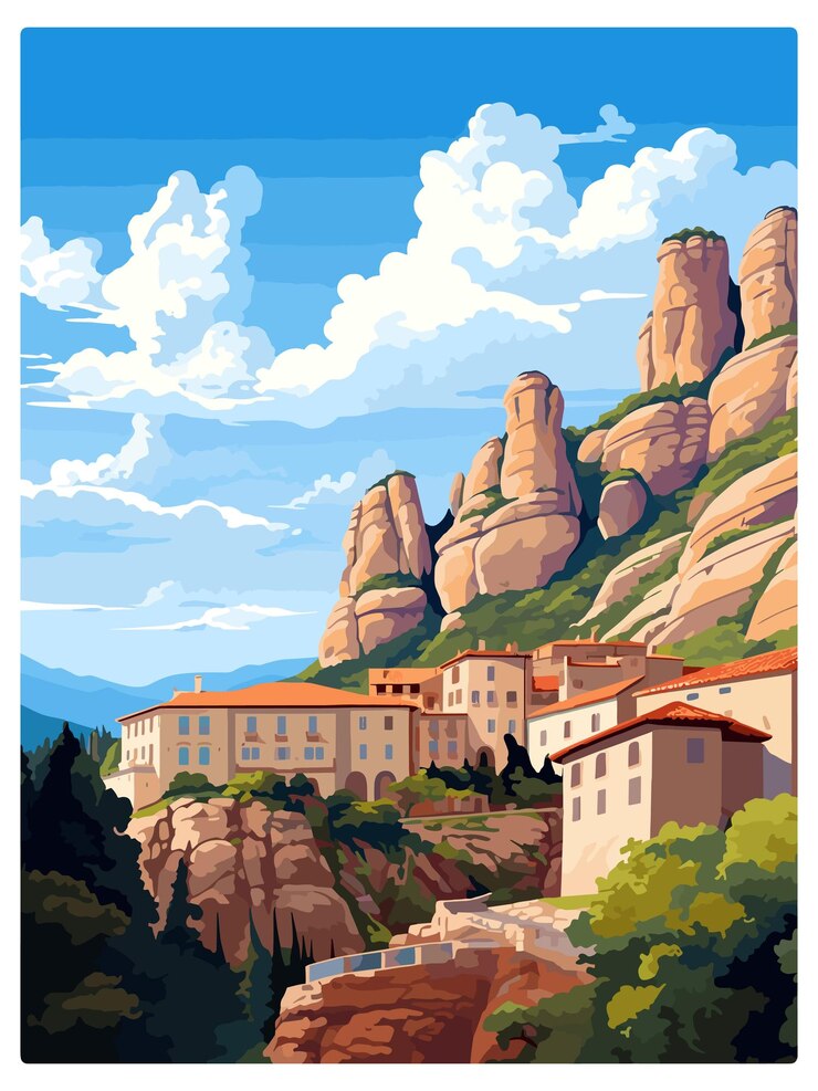 Vector montserrat spain vintage travel poster souvenir postcard portrait painting wpa illustration
