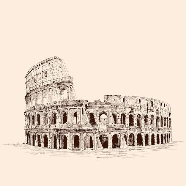 Vector monument of italian architecture colosseum. pencil sketch on a beige background.