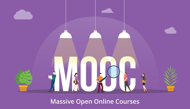 Mooc enorme concetto di corso online aperto con testo di grandi parole e persone con illustrazione vettoriale in stile piatto moderno