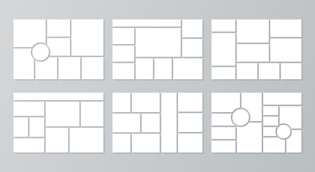 무드보드 템플릿입니다. 사진 콜라주 격자. 벡터. 원이 있는 분위기 보드 디자인. 모자이크 프레임을 설정합니다. 몽타주 모형의 수평 디자인입니다. 사진 앨범 레이아웃. 최소한의 간단한 그림