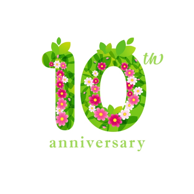 Mooi bloemen nummer 10 10e verjaardag logo concept Creatief teken met bloemen en bladeren