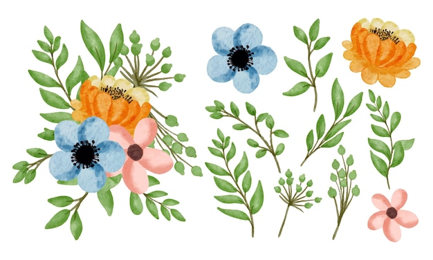 Mooi boeket bloemen en vertrek ter decoratie in aquarelstijl