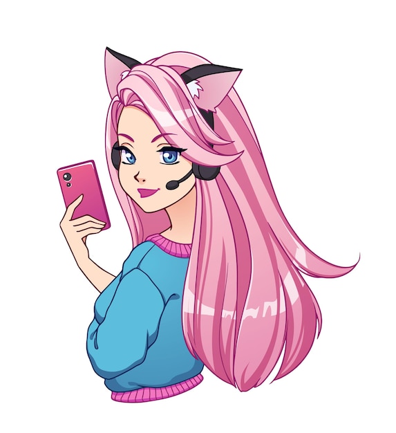 Mooi cartoon blogger meisje met lang roze haar