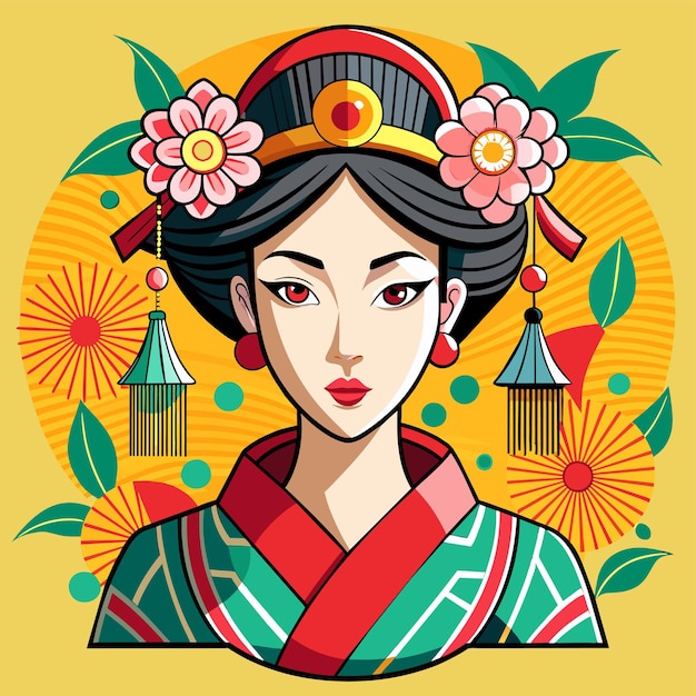 Mooi Chinees meisje in mandarijn jurk met Chinese nieuwjaar handgetekende cartoon personage sticker